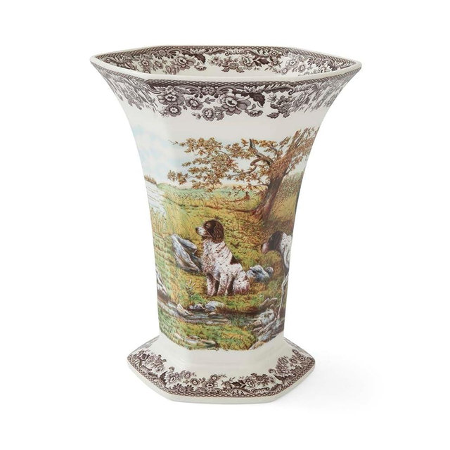 Spode Woodland 10.6-inch Hexagonal Vase, Hunting Dog Porcelain Centerpiece with British Flowers Border – Decorative Mantel & Entryway Accent, Collectible Porcelain Vase – Excellent Housewarming Gift