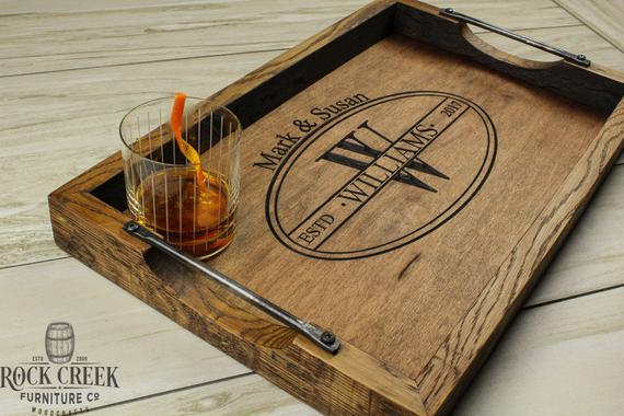 Personalized bourbon barrel head serving tray, wine barrel tray, personalized wedding gift, personalized wood tray, monogramed tray
