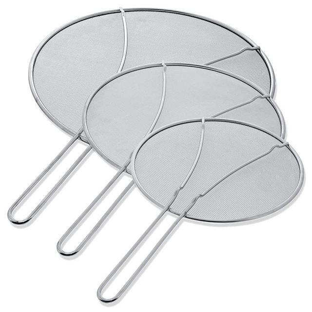 U.S. Kitchen Supply 13", 11.5", 9.5" Stainless Steel Fine Mesh Splatter Screen with Resting Feet Set - Use on Boiling Pots, Frying Pans - Grease Guard