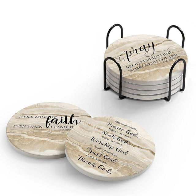 Hoomey Coasters for Drinks with Bible Verses, Set of 6 Absorbent Drinks Coasters with Holder Ceramic Drink Coaster with Cork Backing for Table Protection, Christian Coasters, Christian Gifts