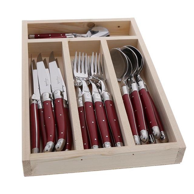 Jean Dubost Laguiole 24-Piece Everyday Flatware Set, Red Handles - Rust-Resistant Stainless Steel - Includes Wooden Tray - Made in France
