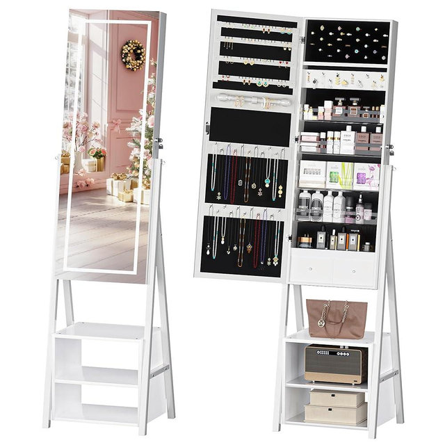 VECELO Jewelry Cabinet with Lights, 63" Full Length Mirror with Jewelry Storage, Lockable Standing Jewelry Mirror Cabinet, 3 Colors Mode, Powered By USB, White