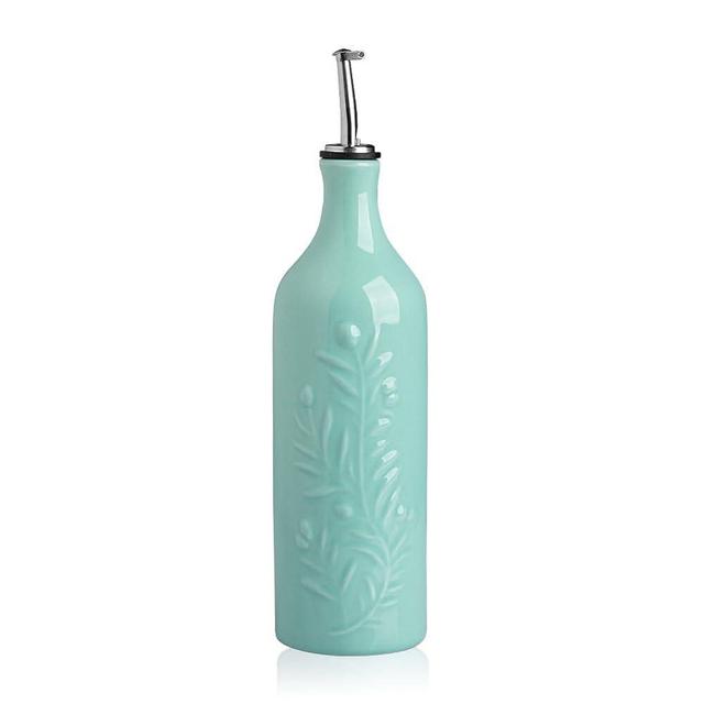 Sweejar Large Ceramic Oil Dispenser for Kitchen, 24 Fl Oz EVOO Oil and Vinegar Dispenser with Spout, Relief Olive Oil Dispenser Bottle for Avocado Oil, Liquid Soap, Pack of 1 (Turquoise)