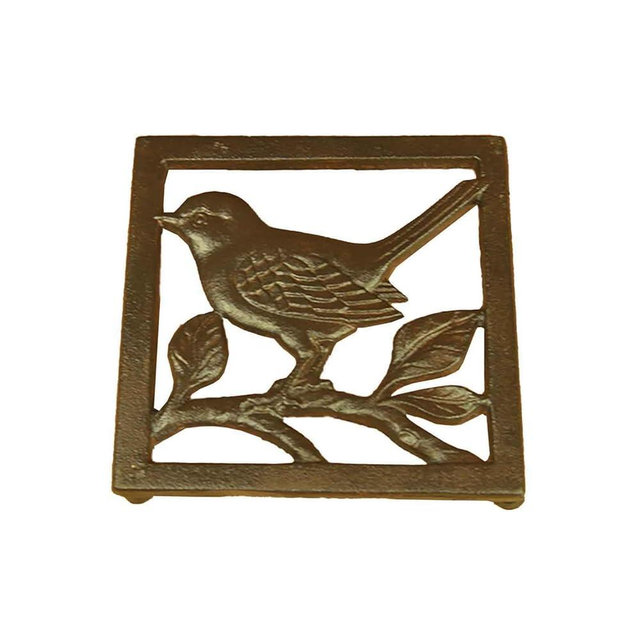 JSBWSFA Birdie Cast Iron Trivet, Square with Vintage Pattern Decorative Cast Iron Trivet for Kitchen or Dining Table Rubber Feet Caps for Hot Pans or Teapot
