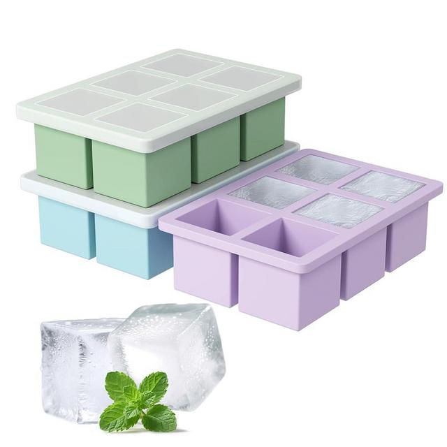 Large Silicone Ice Cube Tray 3Pack, SAWNZC Big Square Ice Cube Molds for Whisky Cocktail, Ice Maker Tray with Lid for Freezer, Easy Release (3, Blue+Green+Purple)
