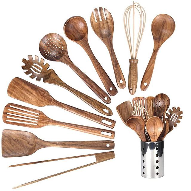 Kitchen Wooden Utensils for Cooking, Wood Utensil Natural Teak Wood Spoons for Cooking,Kitchen Utenails Set with Holder,Wooden Kitchen Utensil Set With Spatula and Ladle (11)