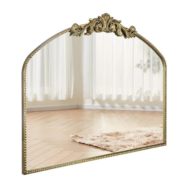 CASOLLY Large Traditional Retro Gold Arch Wall Mirror, 40"x31" Vintage Anthropologie Rectangle Mantel Mirror with Antique Ornate Frame, Baroque Inspired Decor for Bathroom Vanity Bedroom Entryway