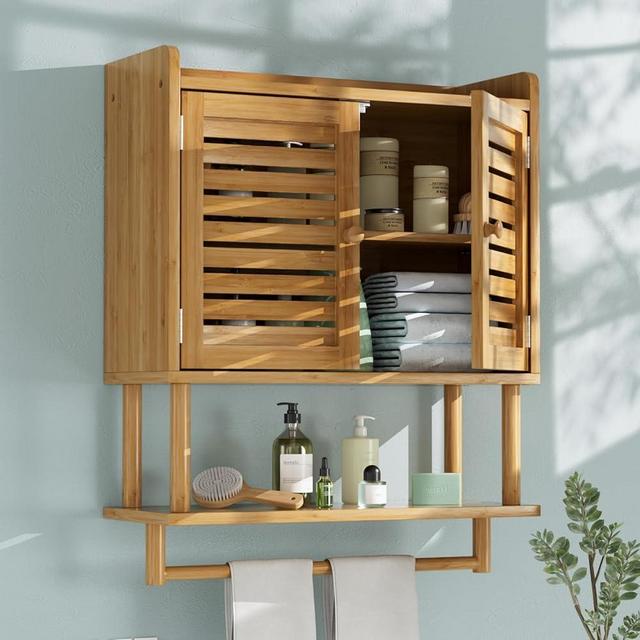 AmazerBath Bathroom Wall Cabinets, Large Bamboo Medicine Cabinets with Towel Bar, Hanging Over Toilet Storage Organizer Cabinet with Adjustable Shelves for Small Spaces, 8.3x21.3x26.6 Inches