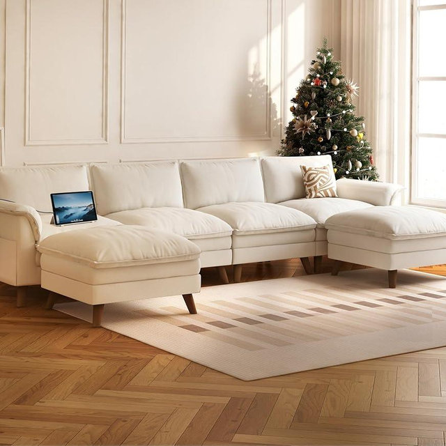 HOMREST 116" Modular Cloud Couch Sectional Sofa with Ottoman, U Shape Deep Seat Sofa with USB ＆Type-C Port, Storage Pockets for Living Room, Apartment, Office (4-Seat, Beige)