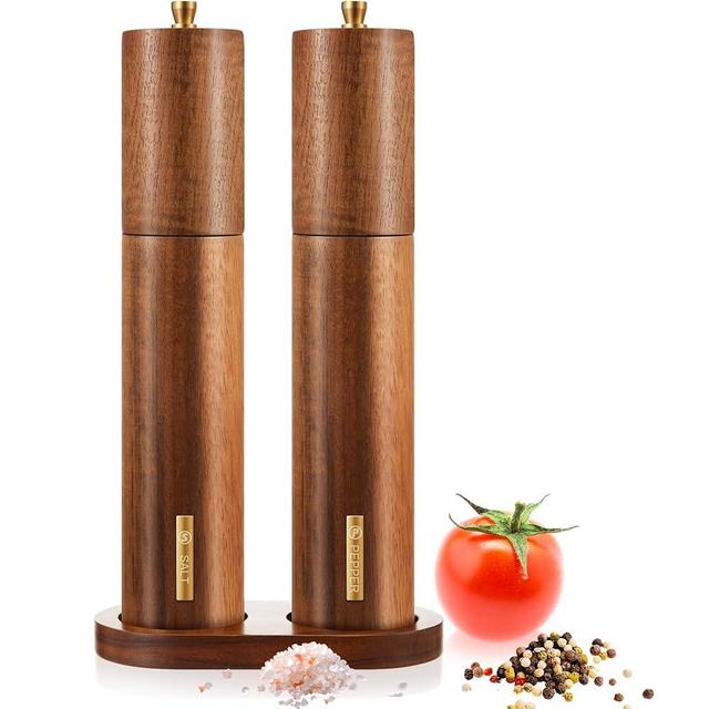LOYIM Wooden Salt and Pepper Grinder Set Manual Salt and Pepper Mill with Tray Adjustable Coarseness Refillable Wood Grinders with Gold Bottle Label for Kitchen(Wood Color,10 Inch)