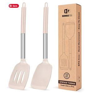 Pack of 2 Silicone Solid Turner, Non Stick Slotted Kitchen Spatulas, High Heat Resistant BPA Free Cooking Utensils, Ideal Cookware for Fish, Eggs, Pancakes(Stainless Steel Khaki)