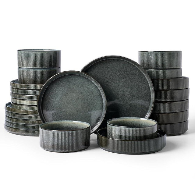 Famiware Star Stoneware Dinnerware Sets for 6 (24pcs), Chip and Scratch Resistant, Microwave & Dishwasher Safe Complete Dishes, Pasta Bowl, Cereal Bowl, Dinner Plate, Salad Plate, Ribbed, Deep Forest