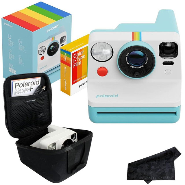 Polaroid Now 3rd Generation i-Type Instant Film Camera with 16 Color Film Photos, Arctic Blue, with Signature Series Case Bundle