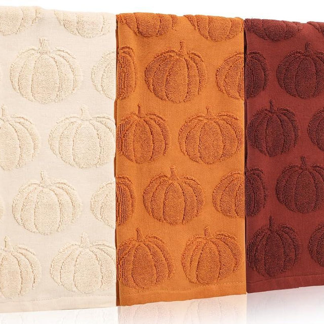 Whaline 3 Pcs Fall Hand Towel Beige Orange Brown 3D Pumpkin Jacquard Cotton Towel Absorbent Dish Towels for Autumn Harvest Thanksgiving Kitchen Bathroom, 13.8 x 29.5 Inch