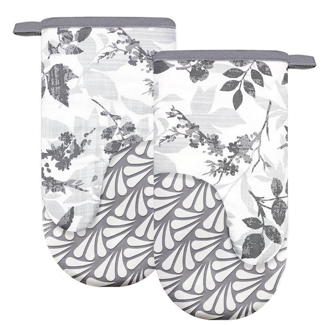 Alselo Thumb Oven Mitts, Heat and Slip Resistant Silicone Kitchen Mittens 2-Pack Set, Foliage Textured Flower Soft Long Oven Gloves, Flexible Thick Potholders for Safe Baking Cooking and Gr (Grayish)