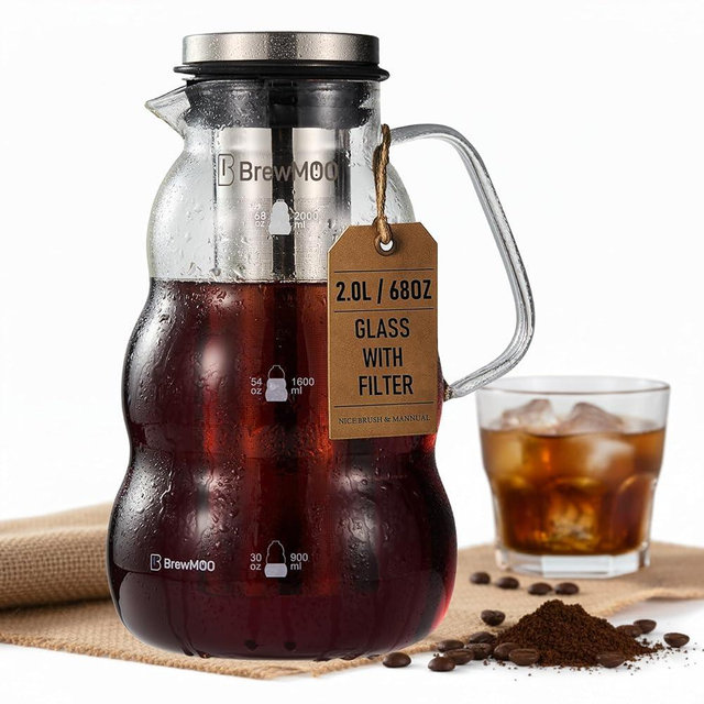 BrewMOO- Cold Brew Coffee Maker (2.0L/68Oz), Sleek Wave Borosilicate Glass Pitcher with Stainless Steel Filter, Airtight Lid + Wide Spout + Comfort Handle, Effortless Manual, Sophisticated Gift
