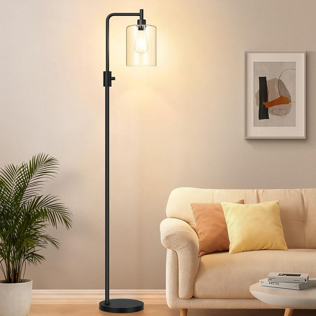【Upgraded】Dimmable Floor Lamp for Living Room with Glass Shade, Black Modern Industrial Floor Lamp with 900LM LED Bulb Included, Bright Standing Tall Lamp for Bedroom, Office, Reading Room, Corner