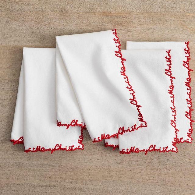 Merry Christmas Embroidered Edge Napkins, Set of 4 - White/Red