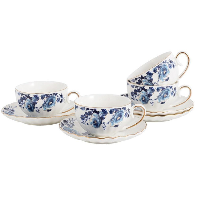 Agyiuns ceramic tea cup and saucer set of 4,floral teacup sets for Coffee, Latte, Cafe Mocha and Tea (Dark blue flowers)