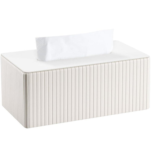 KINGFOM PU Leather Tissue Box Cover Rectangular Tissue Box Holder with Magnetic Bottom, Napkin & Facial Tissue Holder Dispenser for Home, Office (Decorative Pattern-PU Leather, Off-White Stripe)