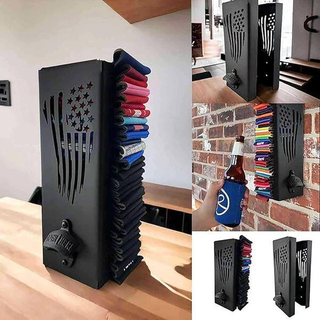 Oocpin 2024 Can Cooler Holder with Bottle Opener, Wall Mounted Can Cooler Holder, Ergonomic Magnetic Metal Can Cooler Dispenser, 2 in 1 Can Cooler Holder for Home Bars (Flag 12in)