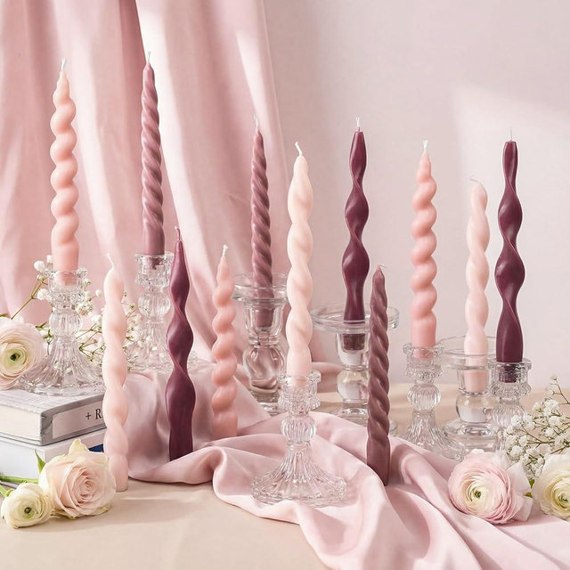Nuanchu 12 Pcs Pink Spiral Taper Candles Valentines Twisted Wax Candlesticks 7.5 Inch Pink Short Spiral Unscented Taper Candles for Wedding Bridal Shower Birthday Party Dinner Table Decor
