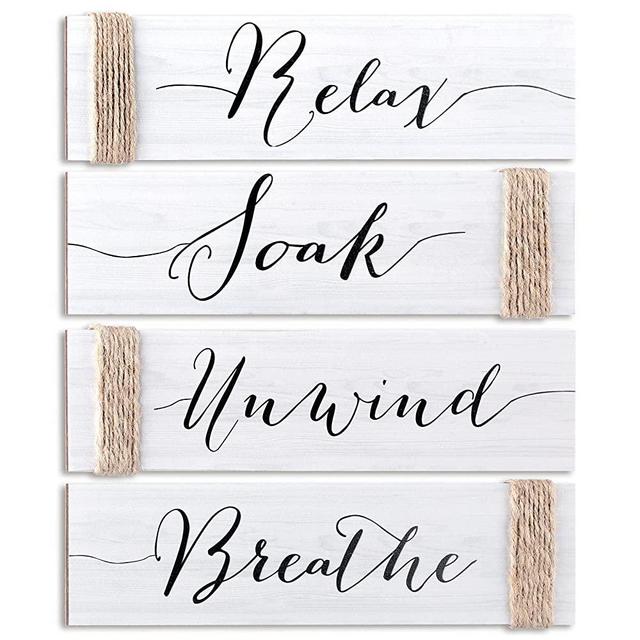 Jetec 4 Pieces Farmhouse Bathroom Decor Wooden Wall Sign Relax Soak Unwind Breathe Rustic Sign Funny Bathroom Wall Art Wood Sign Plaque for Home Bathroom, 11.8 x 3 Inch (White)