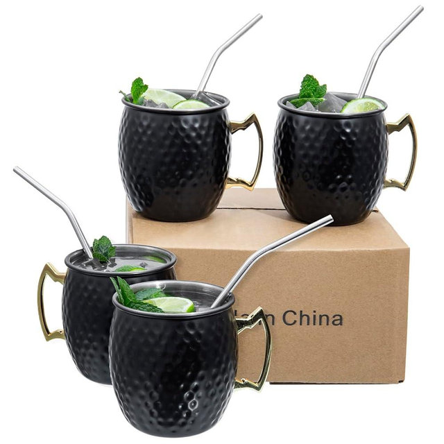 MyGift 16 oz Matte Black Mug Moscow Mule Mugs, Stainless Steel Bar Mugs Hammered Drinking Glasses with Brass Tone Handle, Set of 4