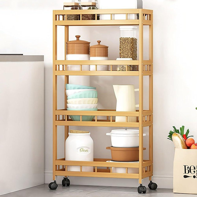 TIE-DailyNec 4-Tier Bamboo Kitchen Rolling Cart Removable Wood Trolley Island Cart, Utility Cart Multi-Layer Storage Shelf Rack on Wheels (19.7" L X 7.1" W X37.8 H)