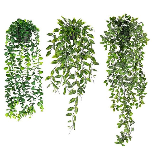 WXBOOM Artificial Hanging Plants, 3 Pack Fake Hanging Plants Fake Potted Greenery Plants Faux Eucalyptus Vine, Mandala Vine in Pot for Home Room Indoor Outdoor Shelf Decor