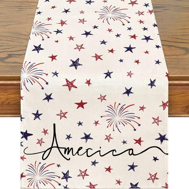 Siilues 4th of July Table Runner, Memorial Day Decor Stars Firework 4th of July Decorations for Home Patriotic Table Runner Holiday Indoor Ourdoor Party Table Decorations (White, 13'' x 72'')