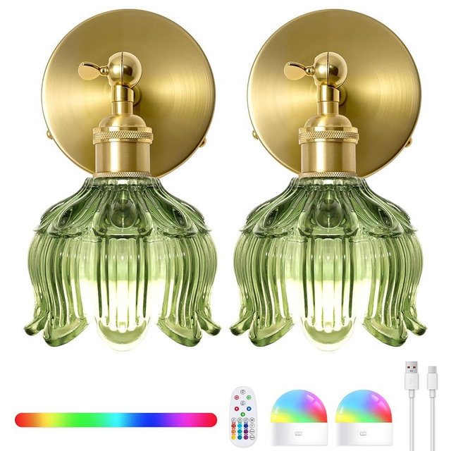 Vintage Battery Operated Wall Sconces - 5000mAh Rechargeable Dimmable Wireless Lights with Remote Control - Set of 2 Green Flower Glass Powered Light Sconce - Cordless Mounted Lighting for Bedroom