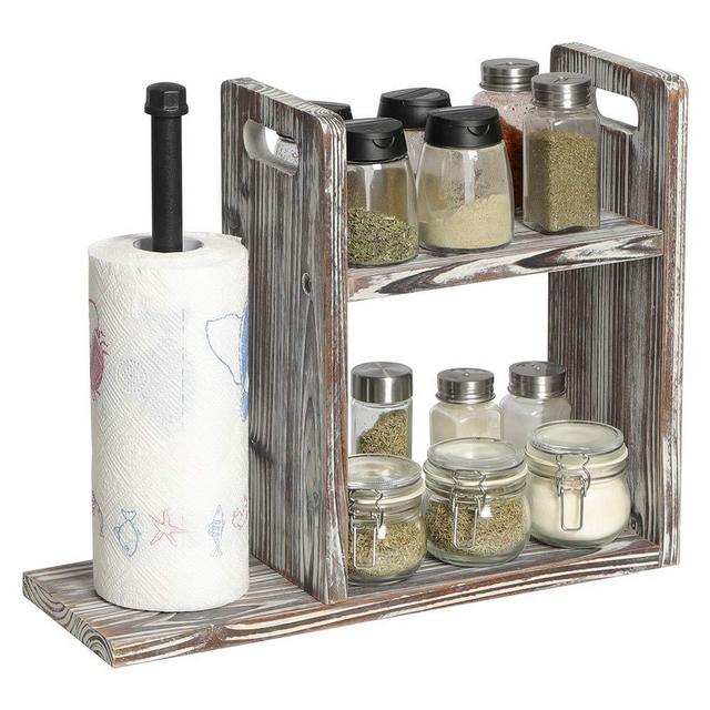 OROPY Industrial Paper Towel Roll Holder Stand with 2 Tier Rustic Spice Organizer Shelves for Kitchen Counter Storage