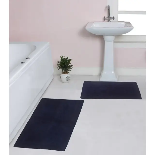 Luxury Reversible Bathroom Rugs Set, Washable Rug, Soft Cotton Extra Soft and Absorbent bath Rug, Non-Slip Bath Mat Set, 2 Pcs Set, Navy