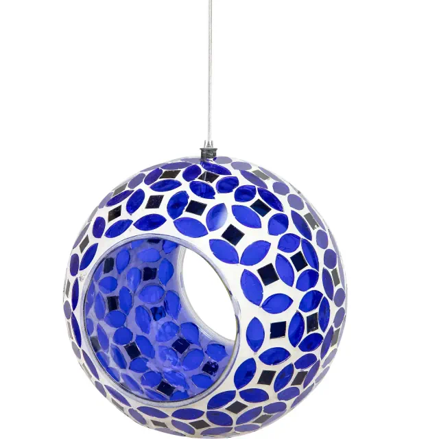Sunnydaze Lavender Mosaic Outdoor Garden Patio Round Glass Hanging Fly-Through Bird Feeder - 6" - Lavender and White