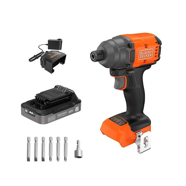 BLACK+DECKER 20V MAX POWERCONNECT Brushless Cordless ¼-in Hex Impact Driver Set with 2Ah Battery and Charger, 7 Pc Impact Driver Bit Set, 2000 In-Lbs Torque, 3200 RPM, LED Light, Ergonomic (BLIM78D1)