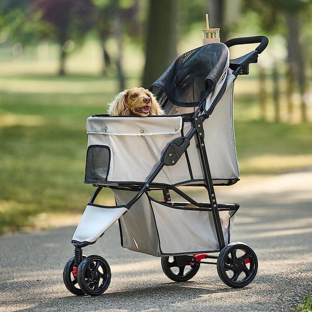Carlson Pet Products Stroller, Includes 360 Degree Front Wheel Swivel, Rear Wheel Breaks, Reflective Trim, Mesh Panels, Umbrella and Mesh Canopy, Khaki