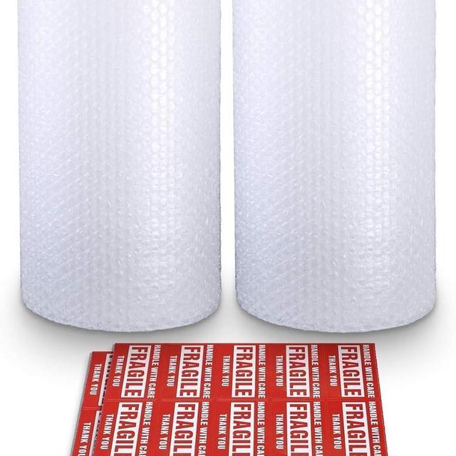 2-Pack Bubble Cushioning Nylon Wrap Rolls, 3/16" x 12" x 72' ft Total, Perforated Every 12", 20 Fragile Stickers for Packaging, Shipping, Mailing