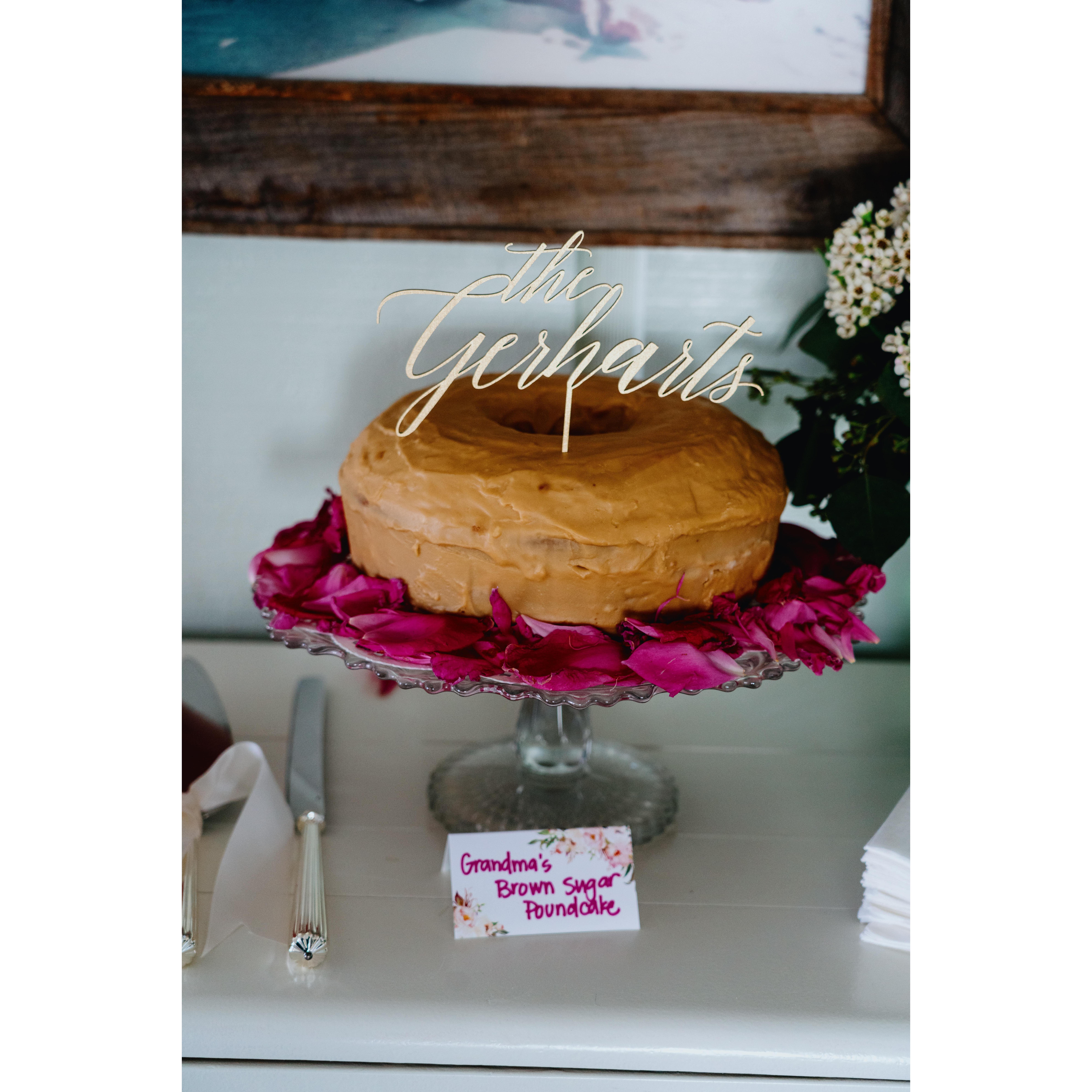 Wedding cake made by Lauren's Grandmama Ownley - her famous Brown Sugar Pound Cake