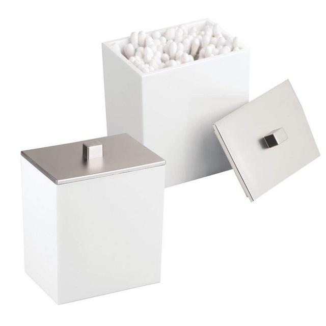 mDesign Modern Square Bathroom Vanity Countertop Storage Organizer Canister Jar for Cotton Swabs, Rounds, Balls, Makeup Sponges, Bath Salts - 2 Pack - White/Brushed
