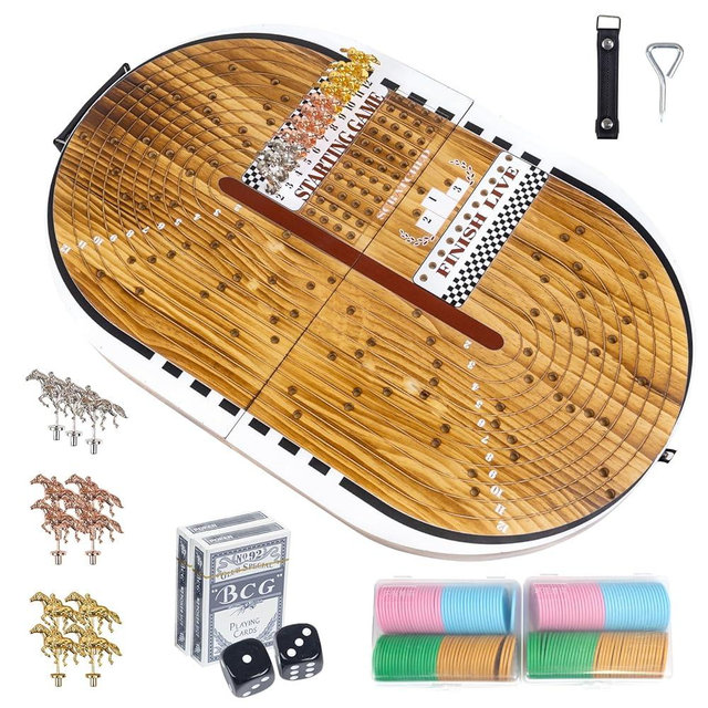 26.4in Wooden Horse Race Board Game for Adults – Foldable Horse Racing Game Board with 11 Metal Horses, 2 Jumbo Dice, 2 Decks of Cards, 2 Boxes of Chips – Party Horse Game Night for Family & Friends