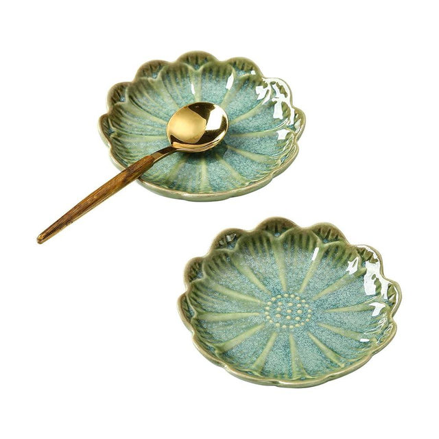 TOPSKINOY Set of 2 Ceramic Coffee Spoon Rest for Coffee Bar, Cute Cooking Spoon Holder for Stove Top Kitchen Counter, Crystal Green