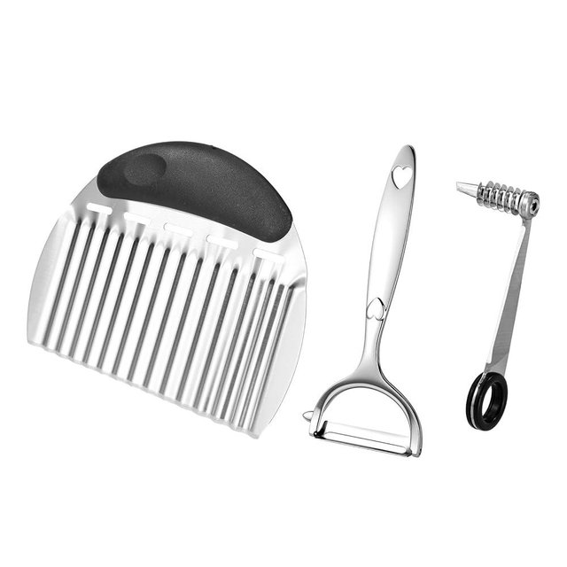Kitchen Gadgets Set, Stainless Steel Vegetable Spiral Spiralizer Cutter Crinkle Wavy French Fry Waffle Slicer Knife and Peeler Tool Suitable for Cutting Potatoes Cucumbers Carrots Veggies