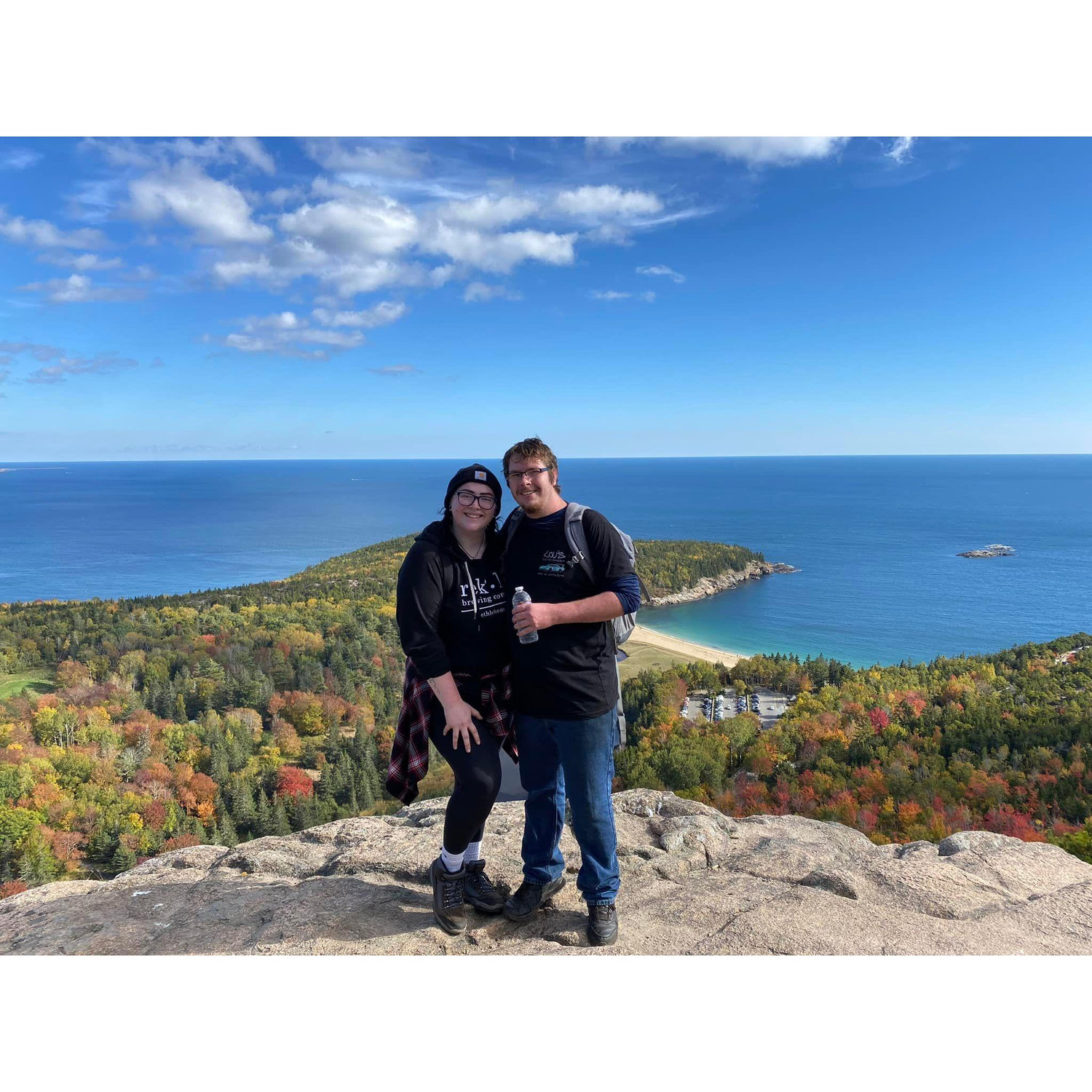 Our first vacation together--Acadia National Park. On this hike we met a dachshund wearing a bowtie named George.