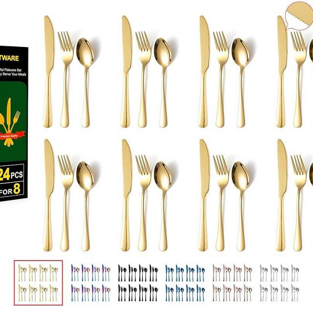 24 Pieces Knifes Forks Spoons Set for 8, KITWARE Gold Silverware Set, Flatware Stainless Steel for Lunchbox, Mirror Polished Cutlery, Kitchen Travel Utensils Set Outdoor Camping Picnic