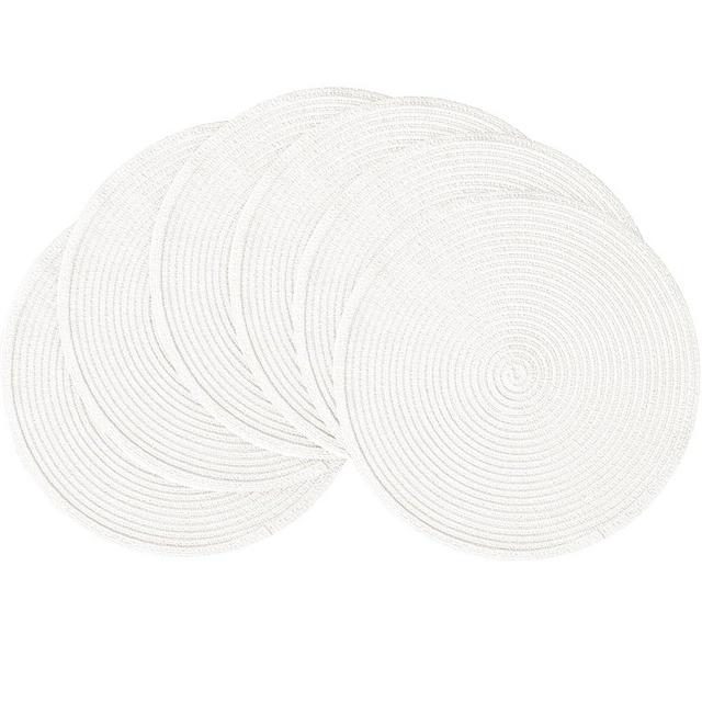 Floroom 15 Inch Round Braided Placemats Set of 6, Washable Heat Resistant Cotton Polyester Circle Place Mats for Kitchen Dining Table - White