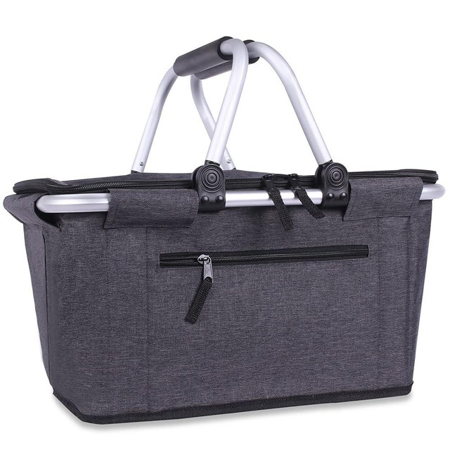 Picnic Basket, SIYUAN Collapsible Market Basket Insulted Cooler with Handles 27L Large Farmers Grocery Basket with Lid Portable Tote Bag, Black