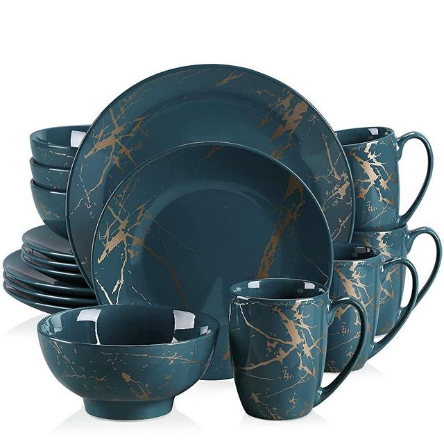 LOVECASA, Series Sweet, 16 Piece Porcelain Dinner Set Color Glaze with Gold Plate Crockery Set Kitchen Dinnerware Set with Dinner Plates, Dessert Plate, Bowls and Mugs, Service for 4, Dark Green
