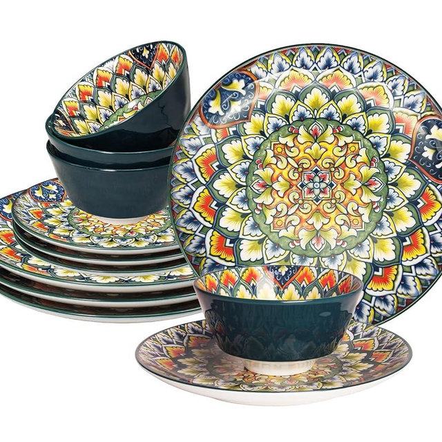 YA JU Mandala Dinnerware Sets (12 Pcs) Serves 4, Buffet Dinnerware, Boho Plates and Bowls Dish Set with 8" Deep Plate 10" dinner Plate 4.8" bowl, apply Casual dining Indoor Outdoor Dining Party