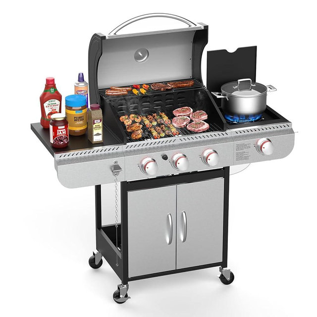 3-Burner Propane Gas Grill with Side Burner,Stainless Steel BBQ Grill with Porcelain-Enameled Cast Iron Grates,37000 BTU Barbecue Grill, Suitable for Patio,Camping,Outdoor Cooking